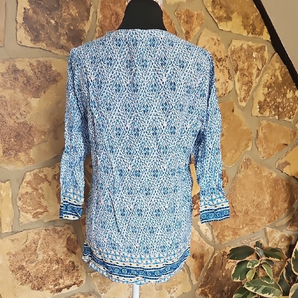 Coral Bay Blue & White V Neck‎ Split Hem 3/4 Sleeve Patterned Tunic Top Sz M - Picture 5 of 9